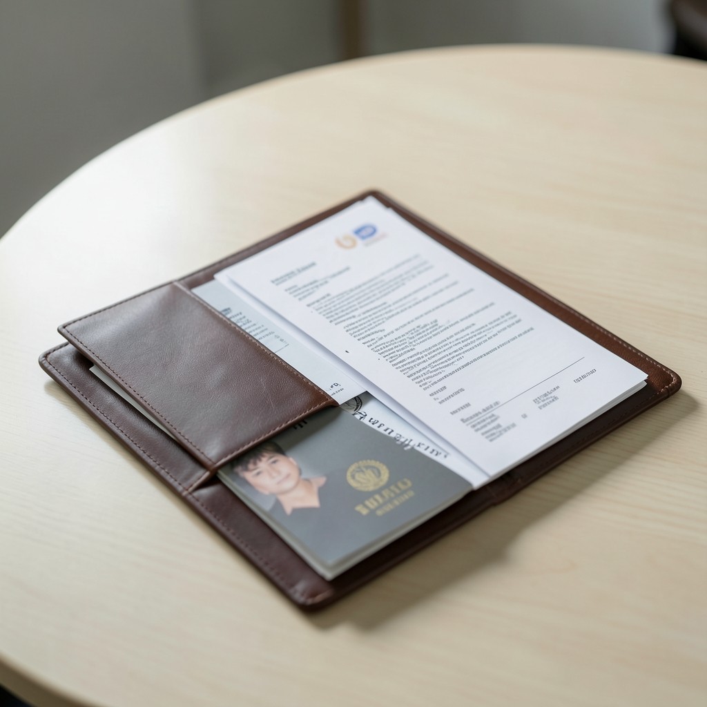 Carpeta con pasaporte y papeles de trabajo ordenados sobre mesa clara