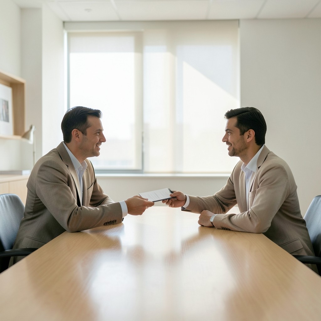 Manos intercambiando una carpeta con oferta laboral en una sala de reuniones