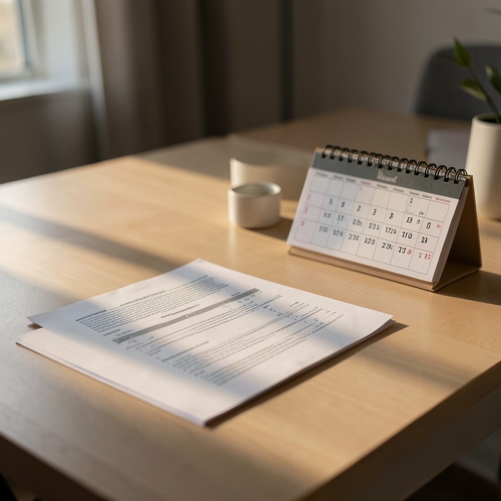 Calendario y contrato abierto en un despacho con luz de tarde