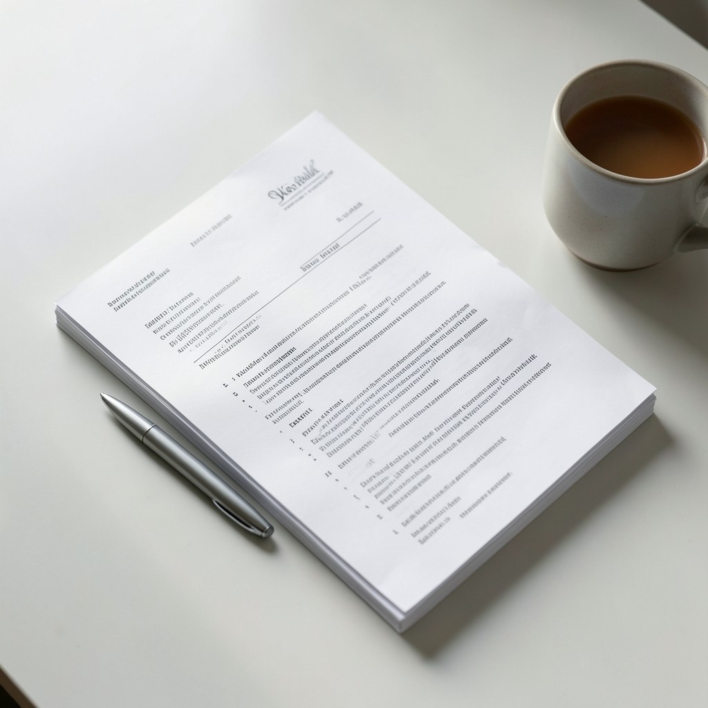 Contrato de trabajo y bolígrafo sobre escritorio junto a una taza de café