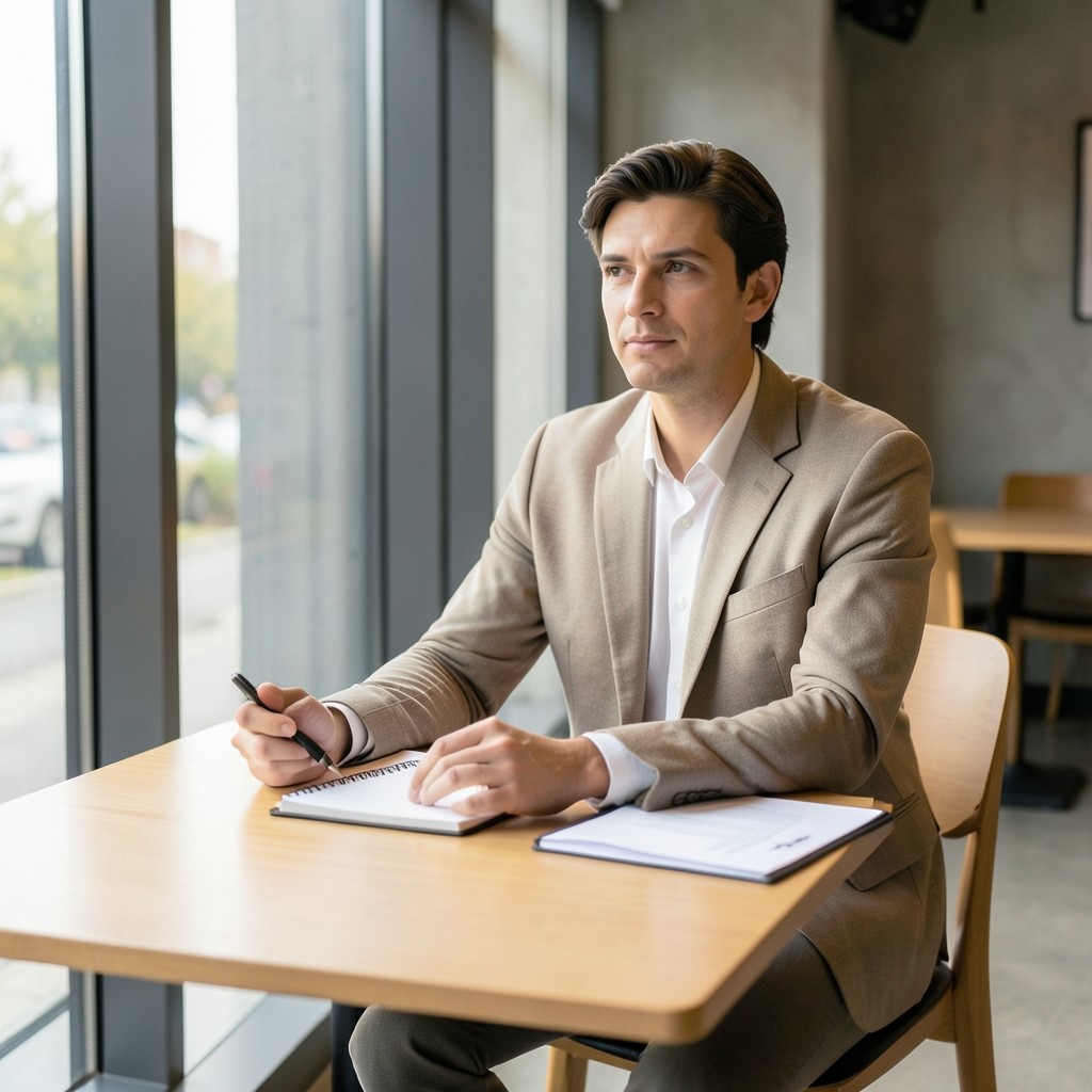 Candidato preparando una entrevista de trabajo con cuaderno y carpeta de CV