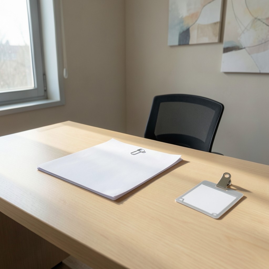 Escena de primera jornada laboral con documentación de alta sobre la mesa